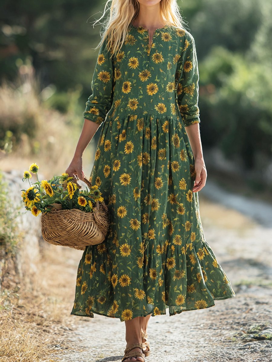 Women's fashionable floral print round neck pleated mid-length sleeve cotton linen dress