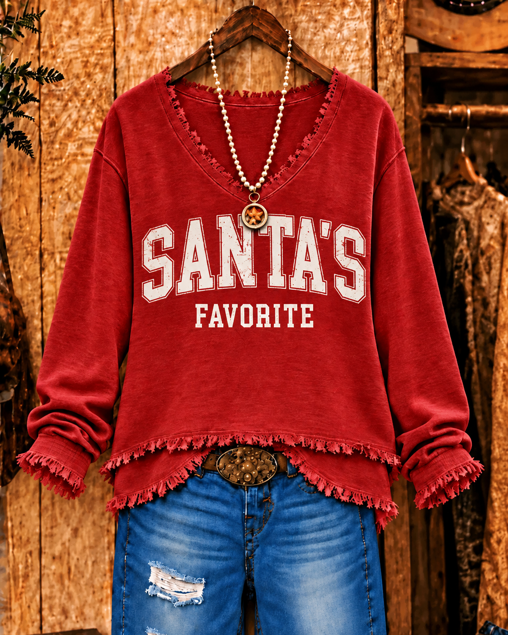 Christmas Solid Santa's Favorite V-Neck Frayed Hem Top