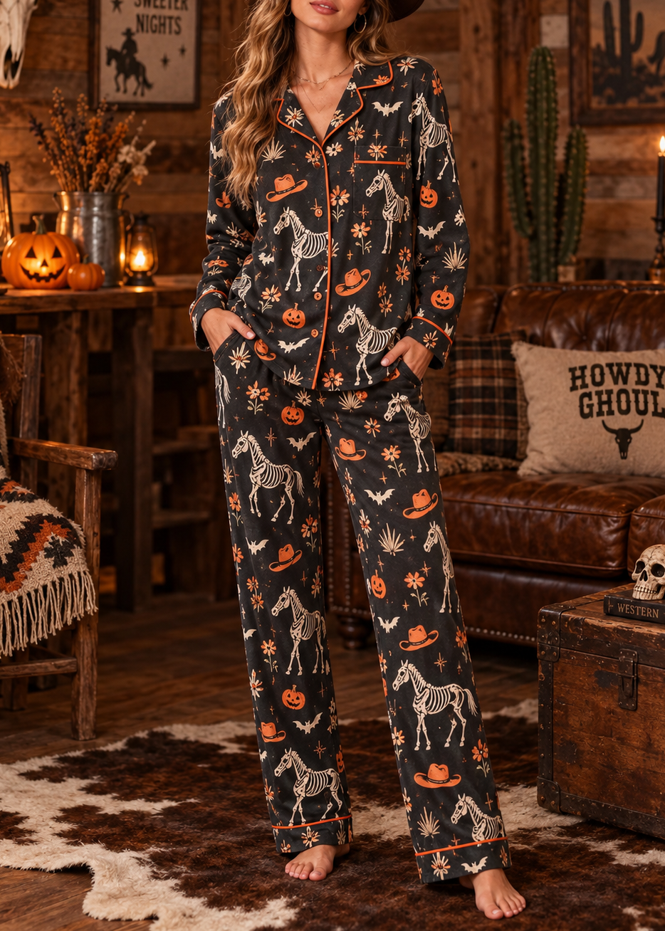 Women's Western Skeleton Horse Halloween Long Sleeve Pants Suit