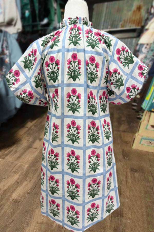 Border Floral Print Puff Sleeve Mini Dress