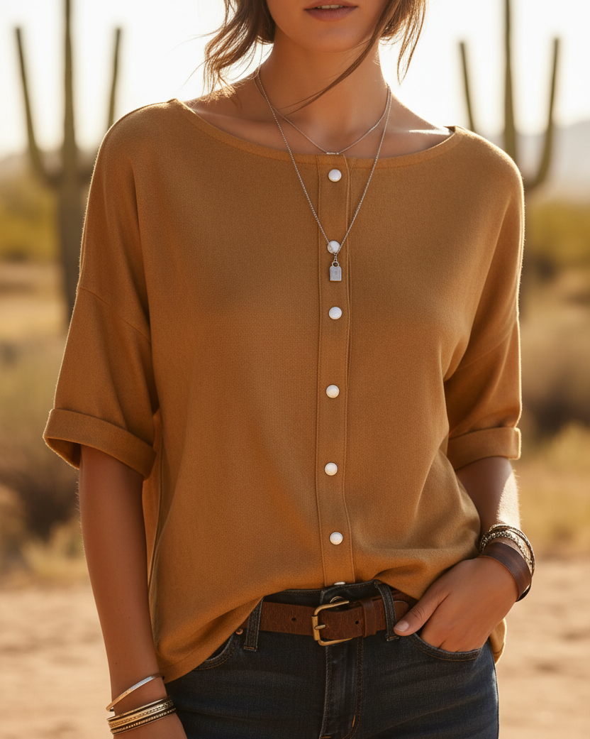Camel Pearl Snap Button Top
