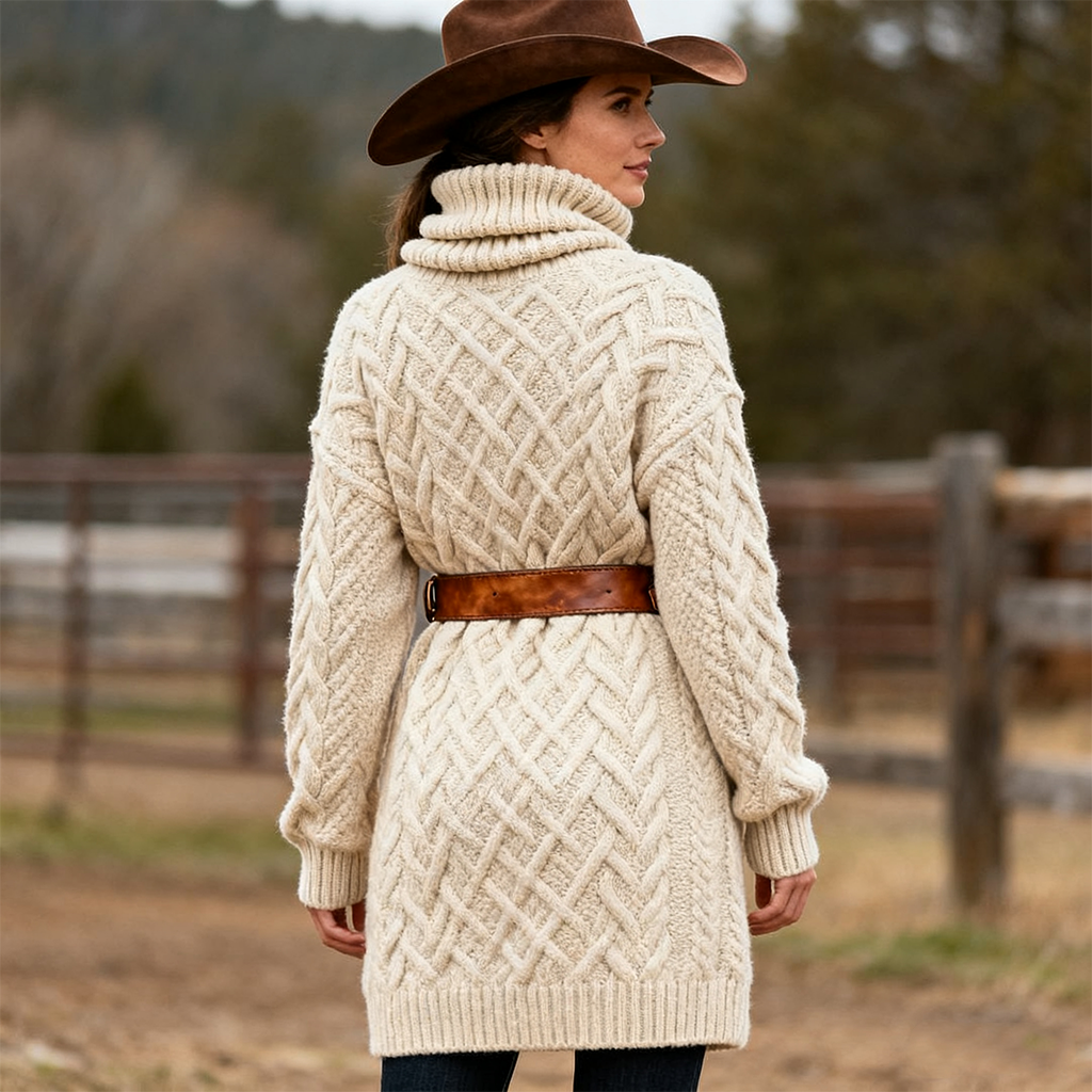 Women's Vintage Cozy Cable Knit Sweater Dress With Leather Belt