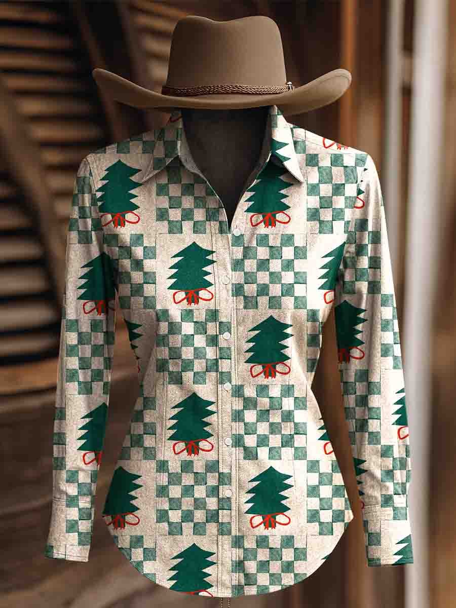 Women's Vintage Christmas Print Western Long Sleeve Shirt