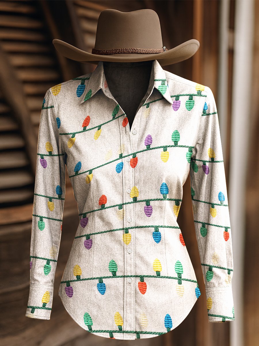 Women's Retro Western Christmas Colorful Lights Print Long Sleeve Shirt