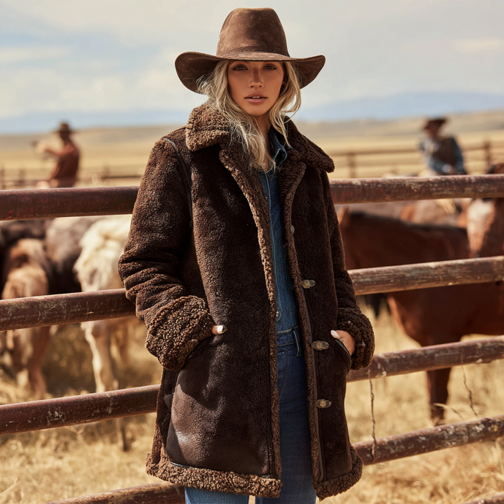 Women's Vintage Rustic Elegance: Brown Faux Fur Coat In A Ranch Setting
