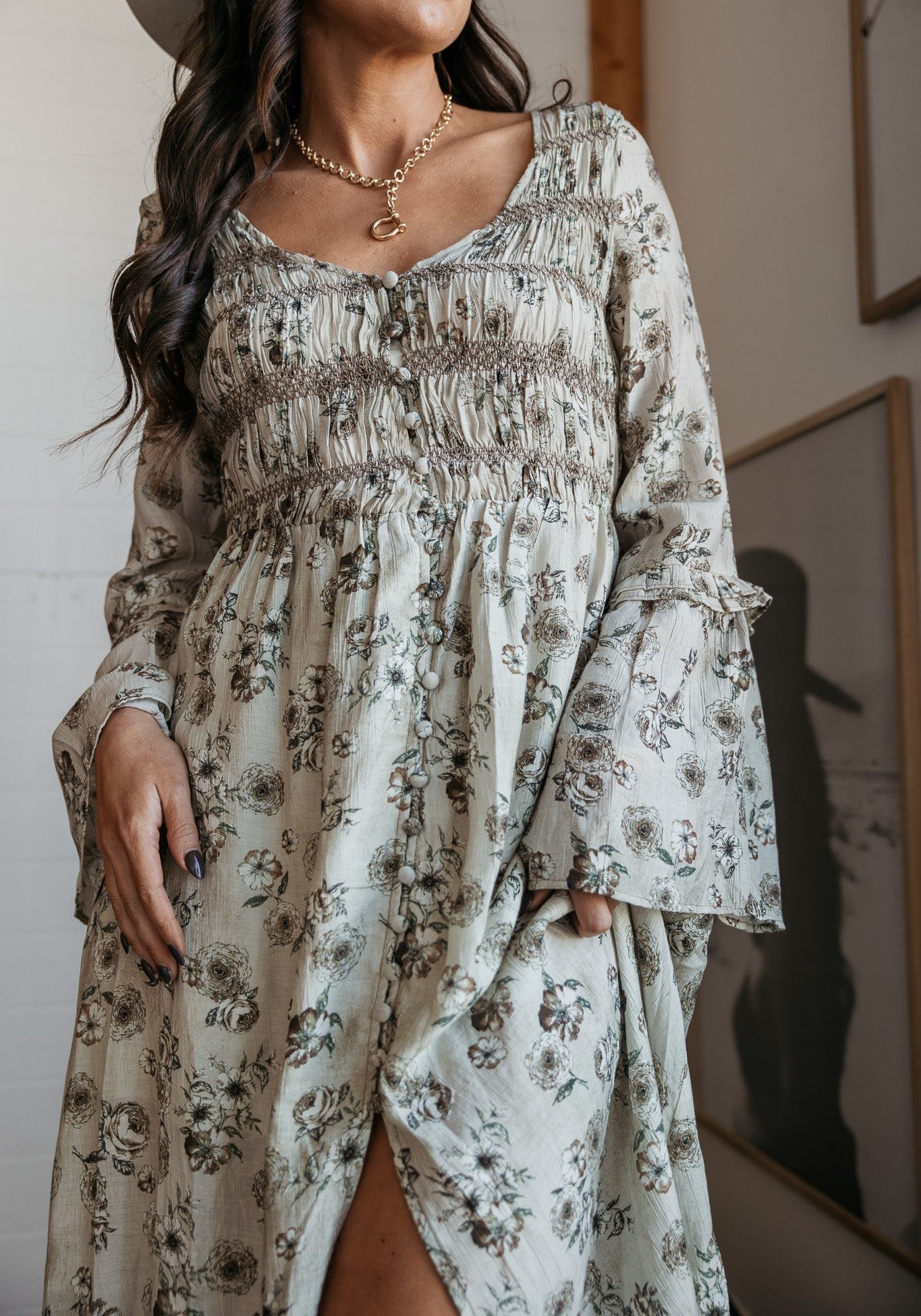 V Neckline Floral Maxi Dress