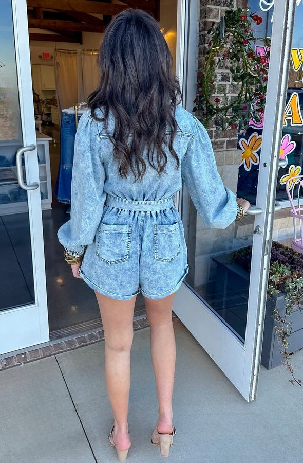 Long Sleeve Lace-Up Denim Romper