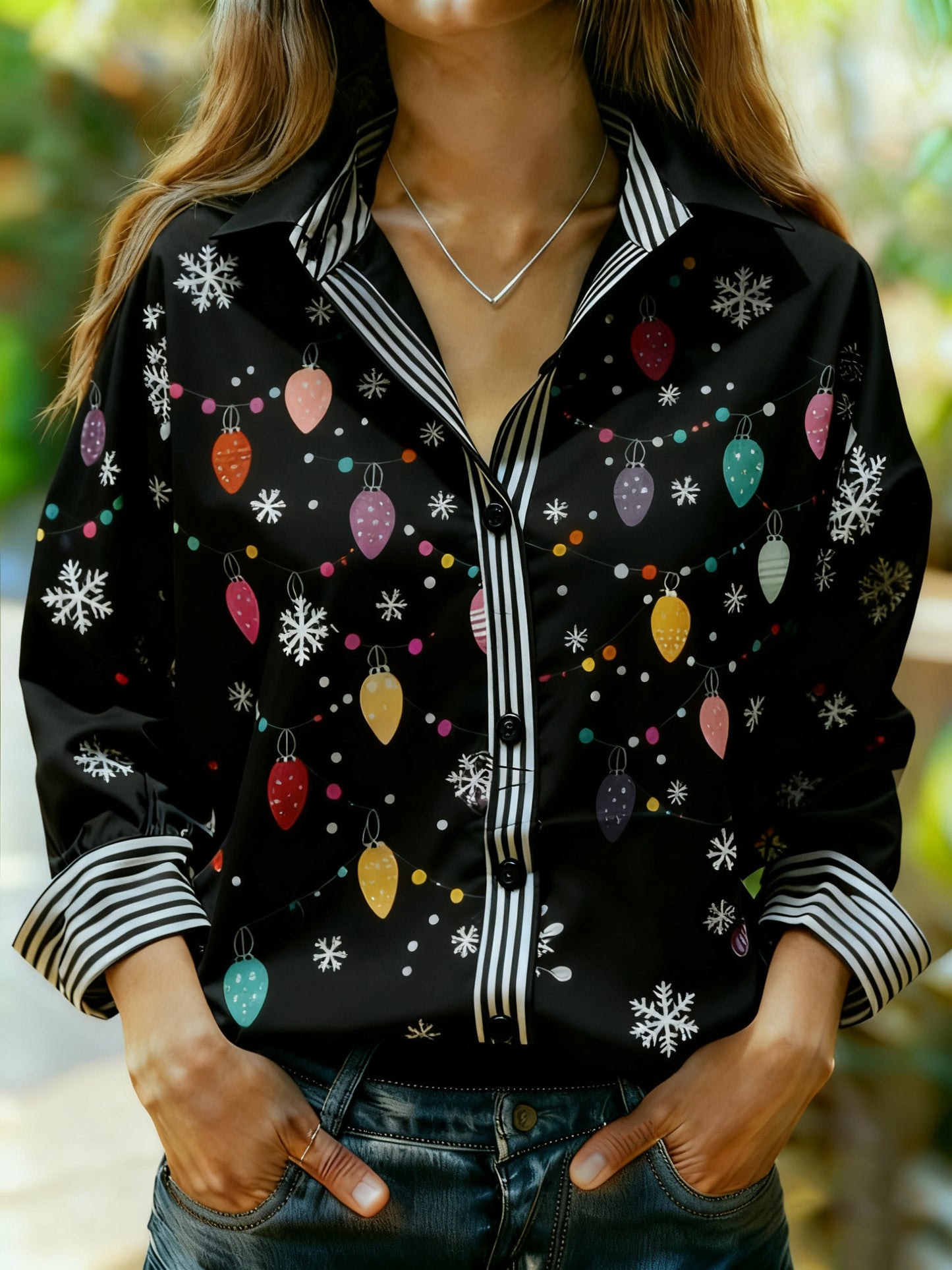 Colorful Christmas Lights Print Long Sleeve Blouse