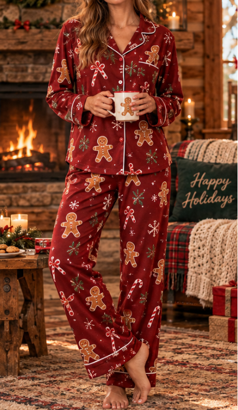 Women's Christmas Gingerbread Man Candy Cane Long Sleeve Pants Suit