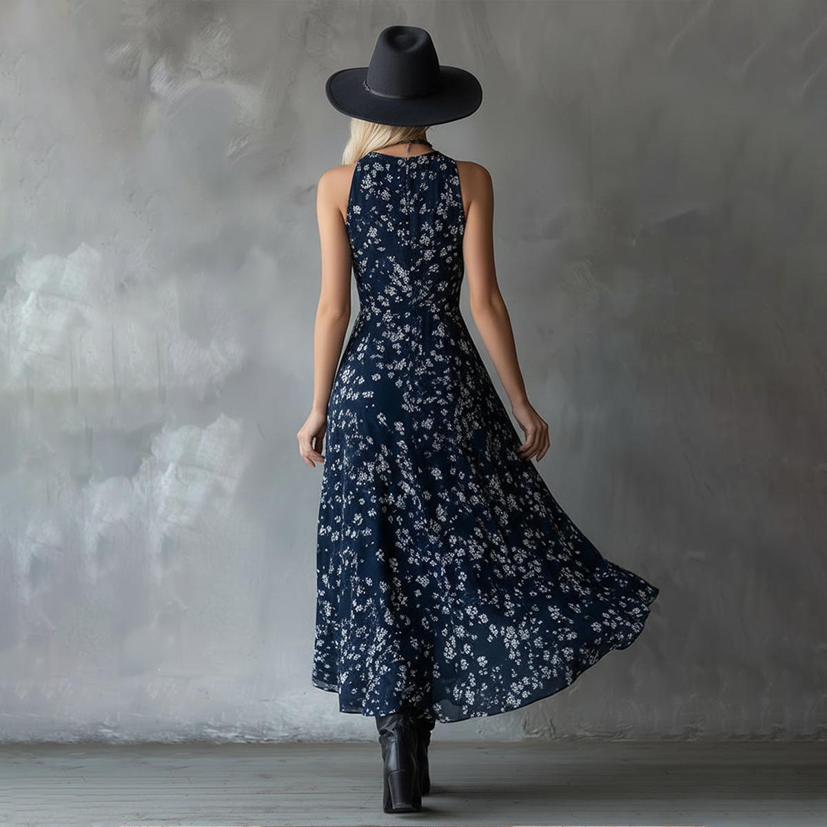 Vintage-inspired Classic Print Navy Blue Chiffon Sleeveless Maxi Dress