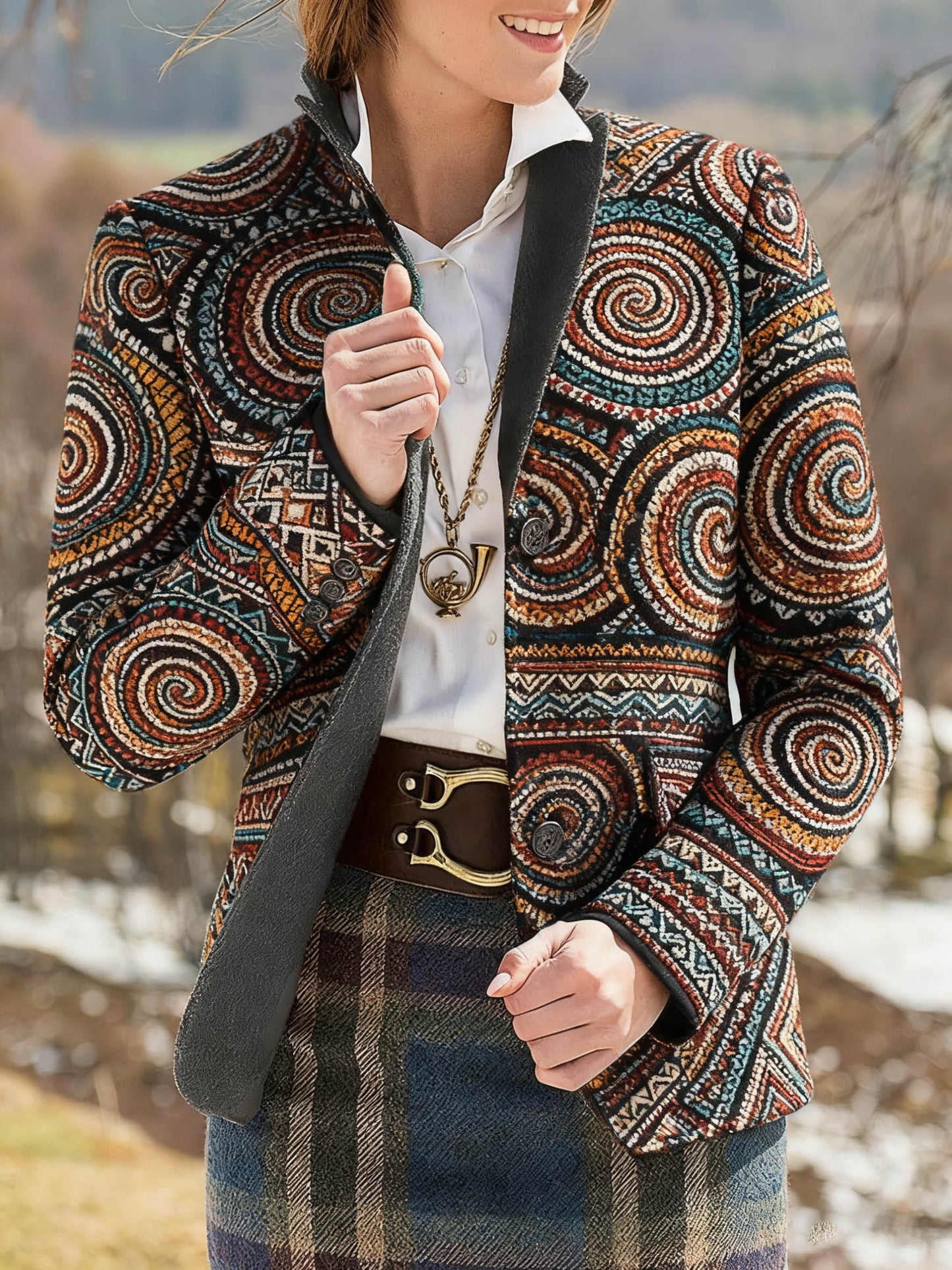 Women's Colorful Pattern Print Slim Fit Suit Jacket