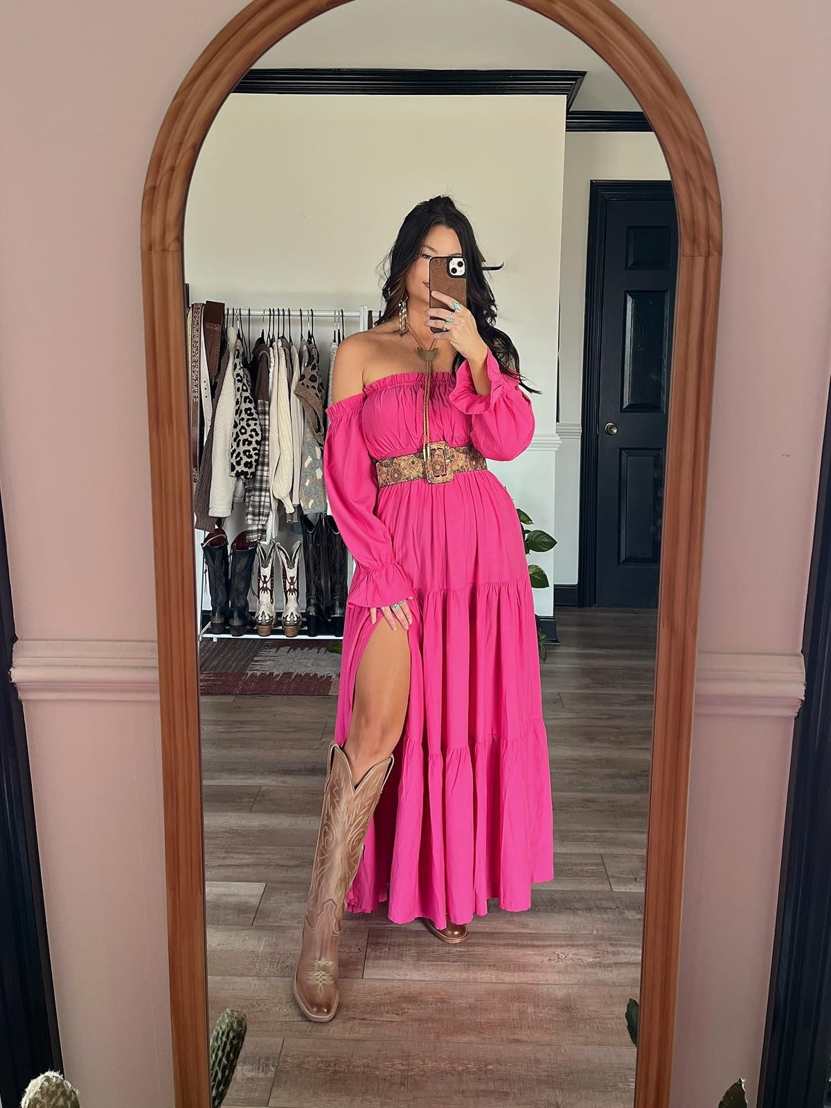 Ruffled Sleeves Slit Off-the-shoulder Maxi Dress-PINK