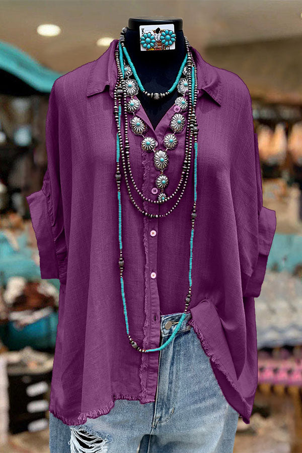 Casual Cotton and Linen Raw Edge Button Shirt