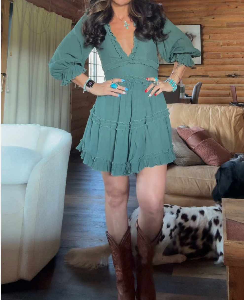 Green Ruffle Tiered Mini Dress Long Sleeve Dress