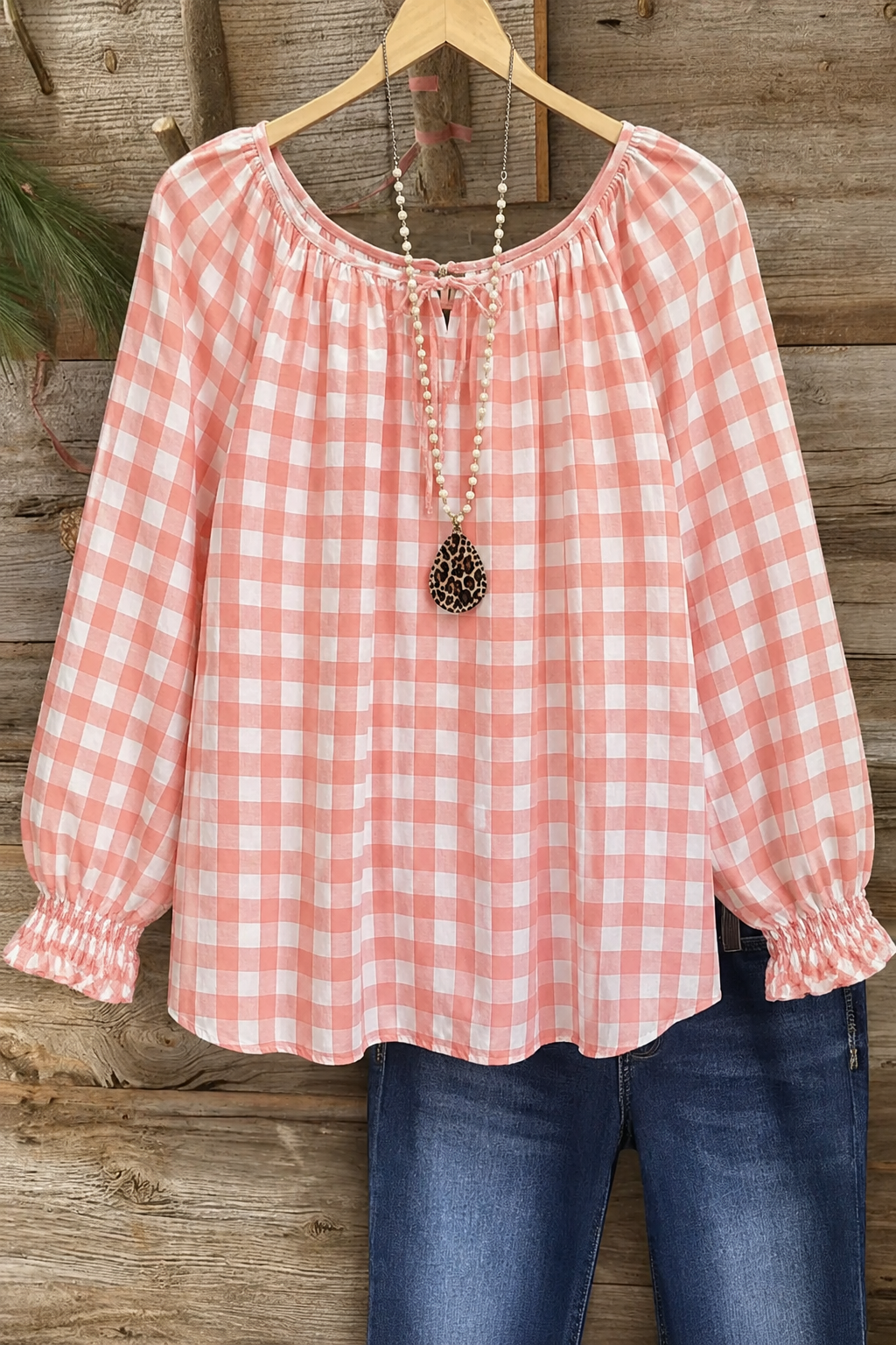 Plaid Gathered Cuff Peasant Top
