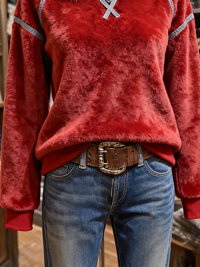 Women'S Christmas Contrasting Plush Sweatshirt