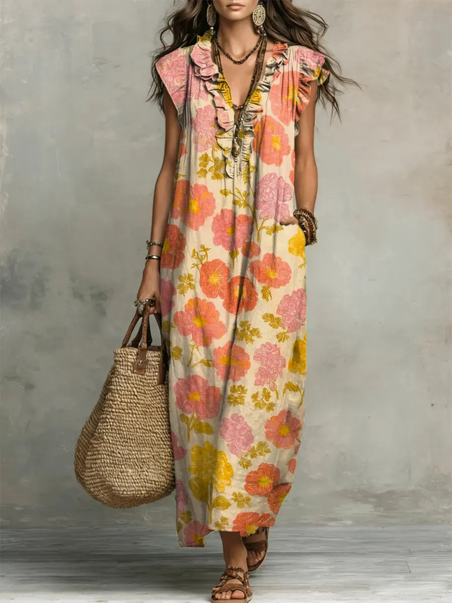 Women's Retro Floral Pattern Art Print Casual Ruffled Stylish Dress
