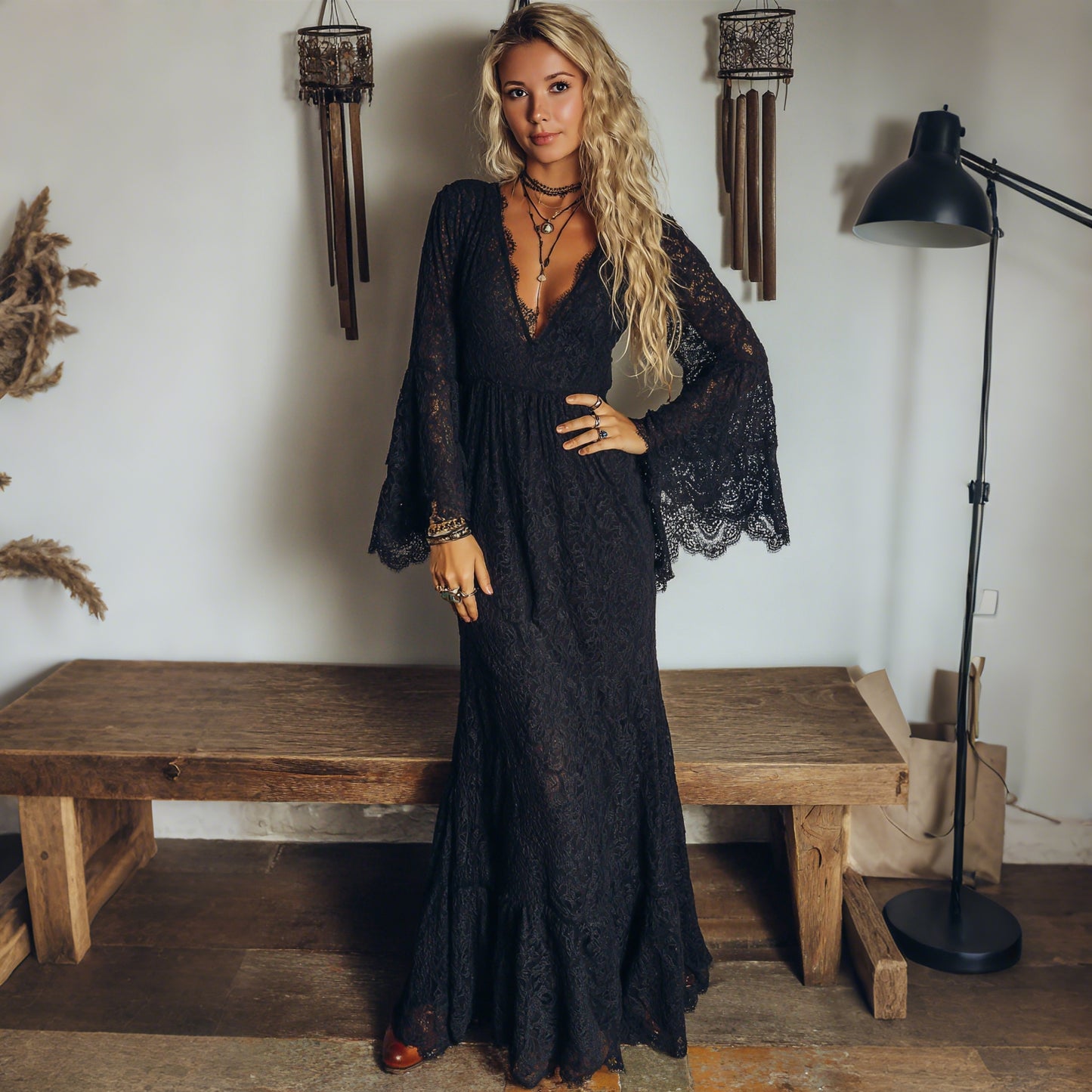 Elegant V-neck Sheer High-waisted Lace Flared Long-sleeved Dress