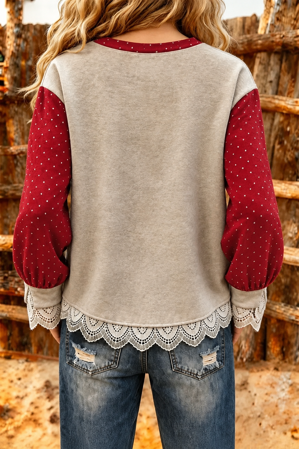 Vintage Christmas Tree Print Crew Neck Lace Trim Top