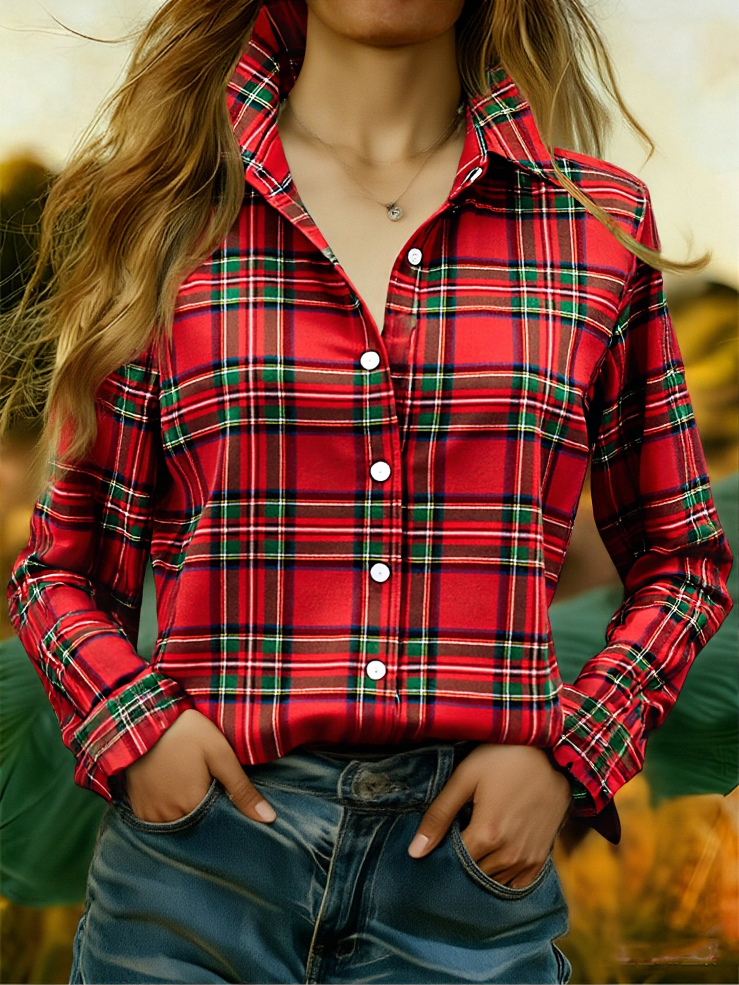 Casual Christmas Plaid Print Collared Blouse