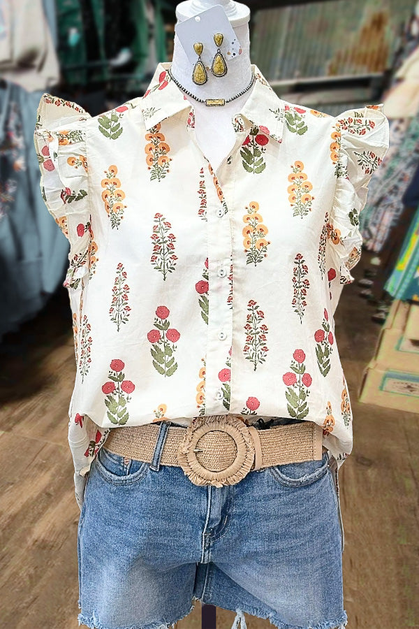 Chic Floral Print Collared Ruffle Sleeve Top