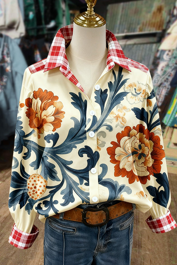 Vintage Floral Print Plaid Long Sleeve Blouse