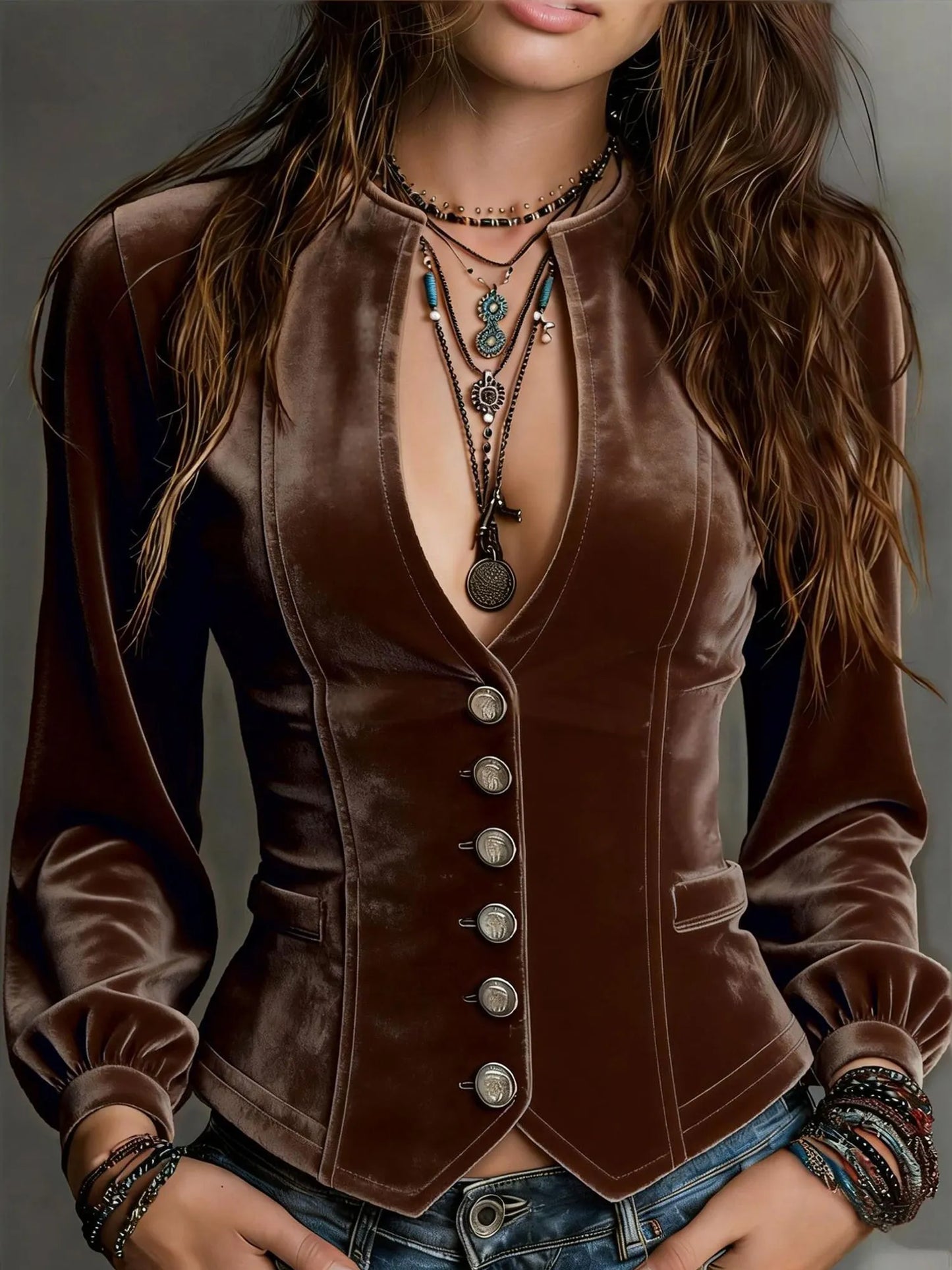 Burgundy Vintage Metal Button Soft Premium Velvet Slim-Fit Long-Sleeve Top