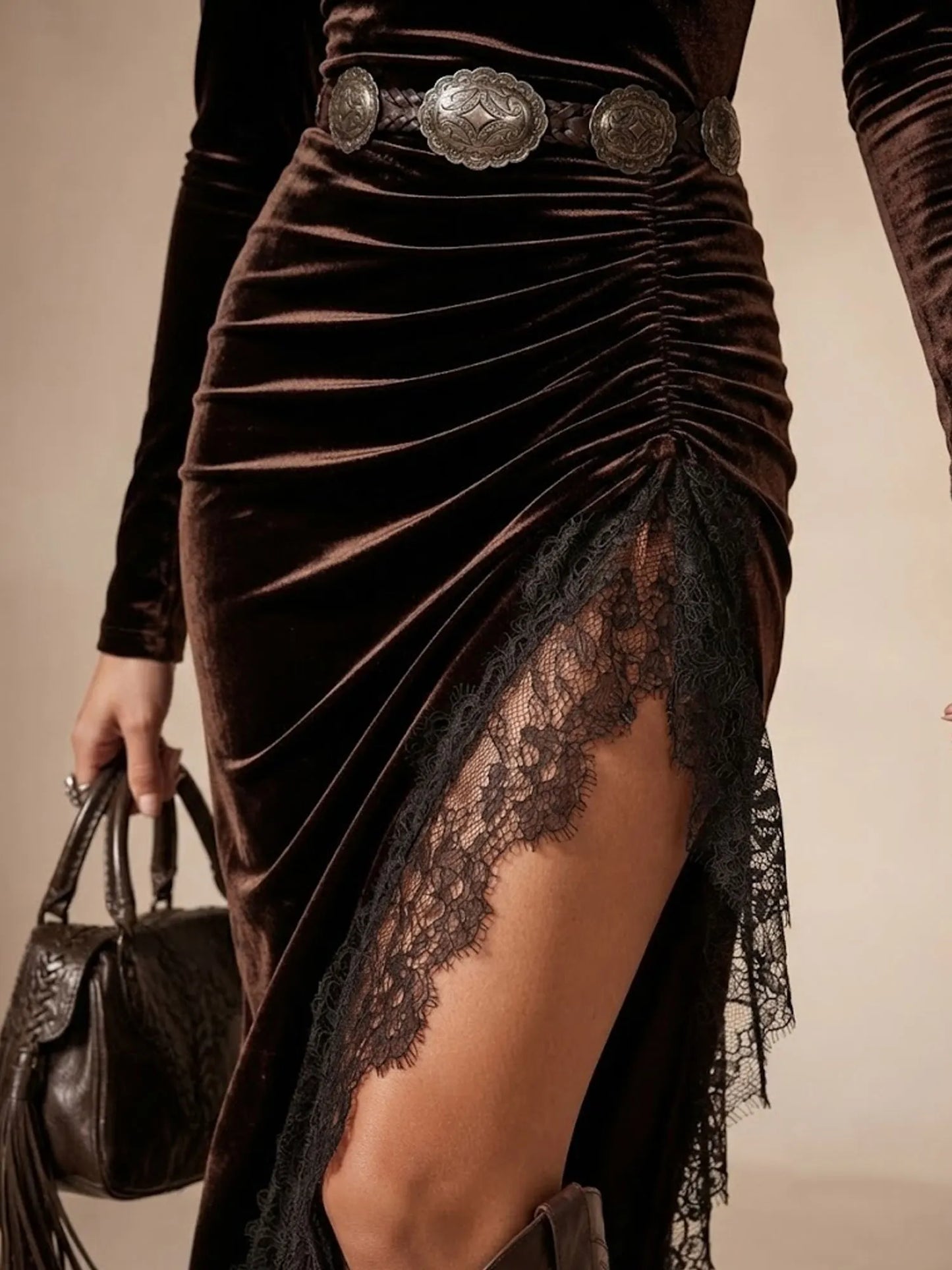 Brown Mock Neck Ruched Waist Lace Trim Slit Velvet Maxi Dress