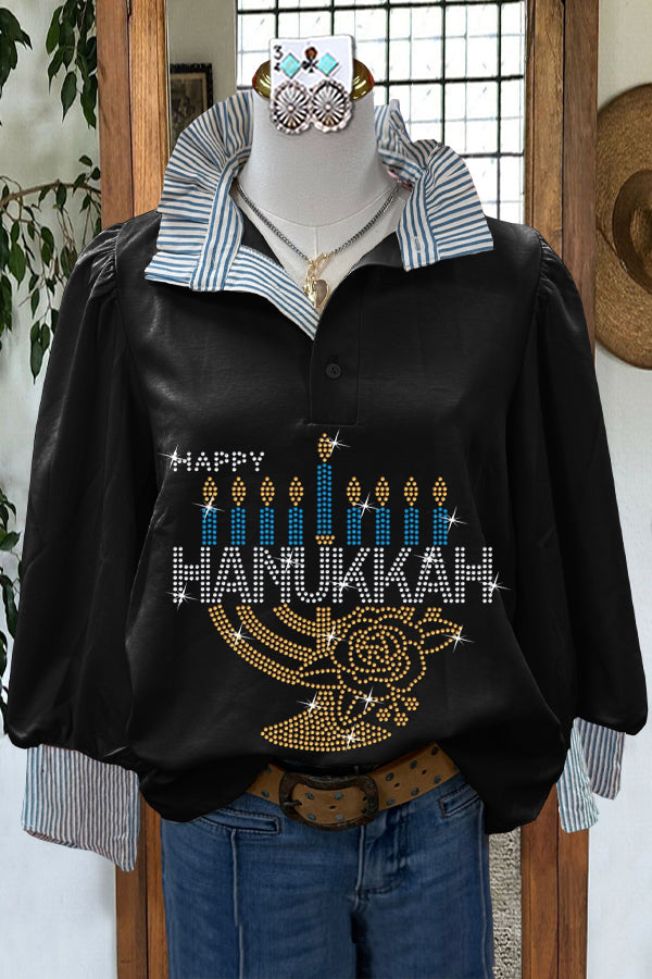 Elegant Contrast Hanukkah Print Blouse