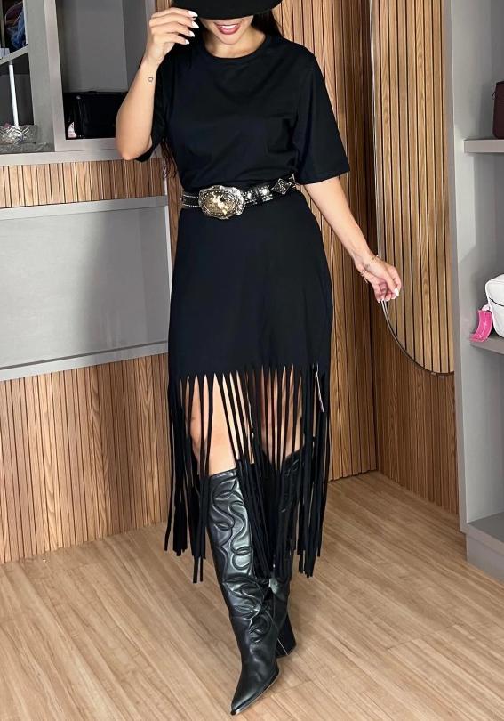 Vintage Solid Color Hem Tassels T-Shirt Dress- Brown & Black