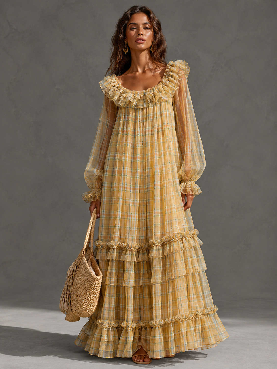 Blue Plaid Ruffled Tiered Maxi Dress