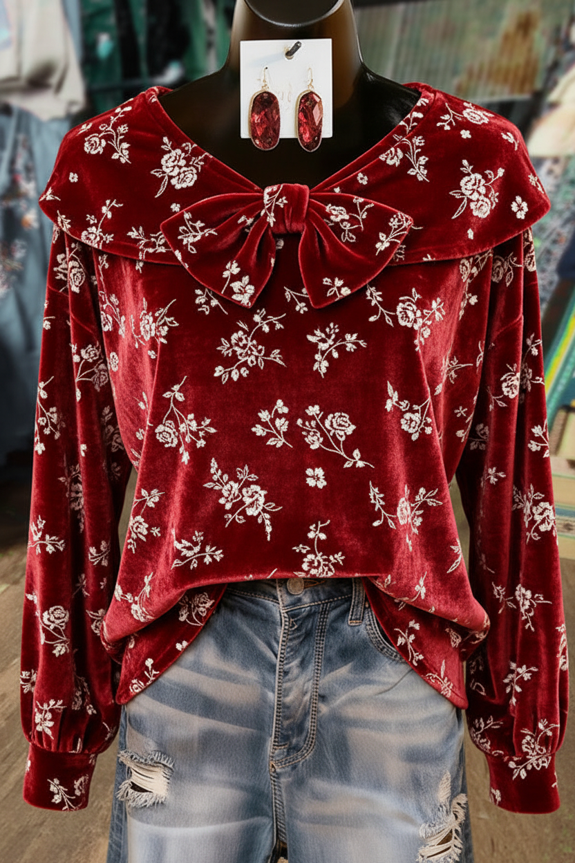 Red Velvet Floral Print Bow Detailed Long Sleeve Top