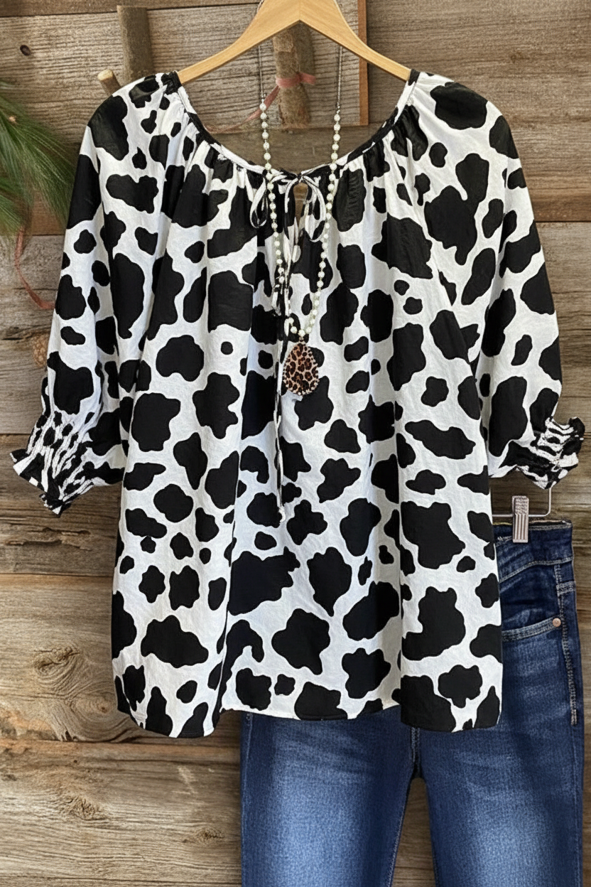 Cow Print Gathered Neckline Puff Sleeve Top