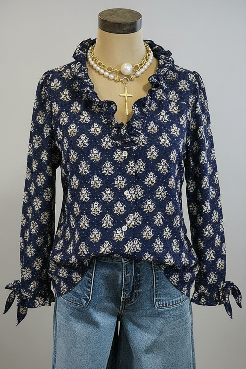 Bohemian ruffle blouse with tie cuffs