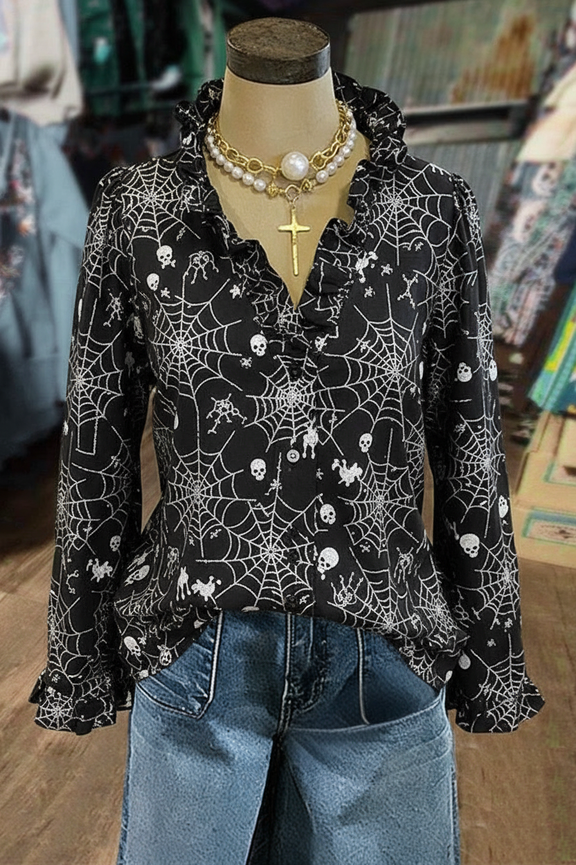 Gothic Spider Web Skull Print Ruffle V-Neck Long Sleeve Blouse