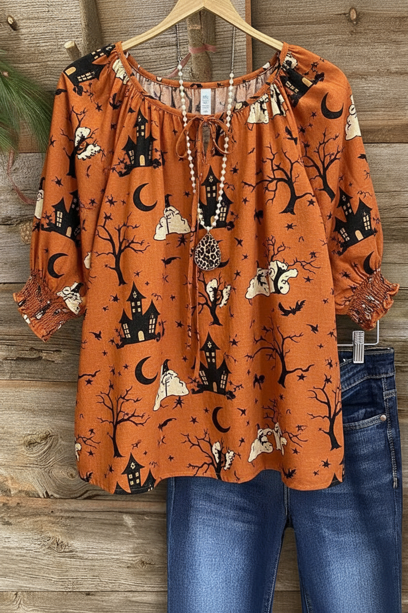Vintage Haunted Farmhouse Halloween Print Gathered Neckline Puff Sleeve Top