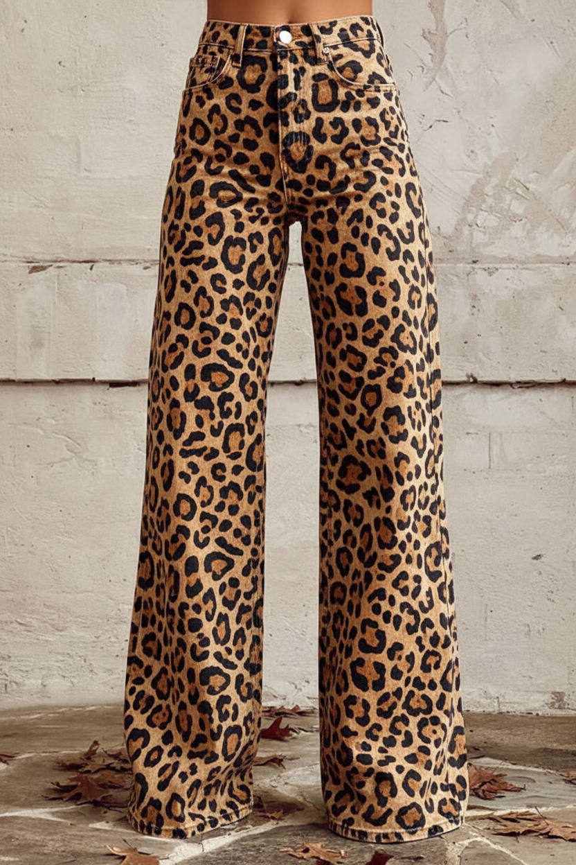 Leopard Print Wide-Leg Jeans - Front View