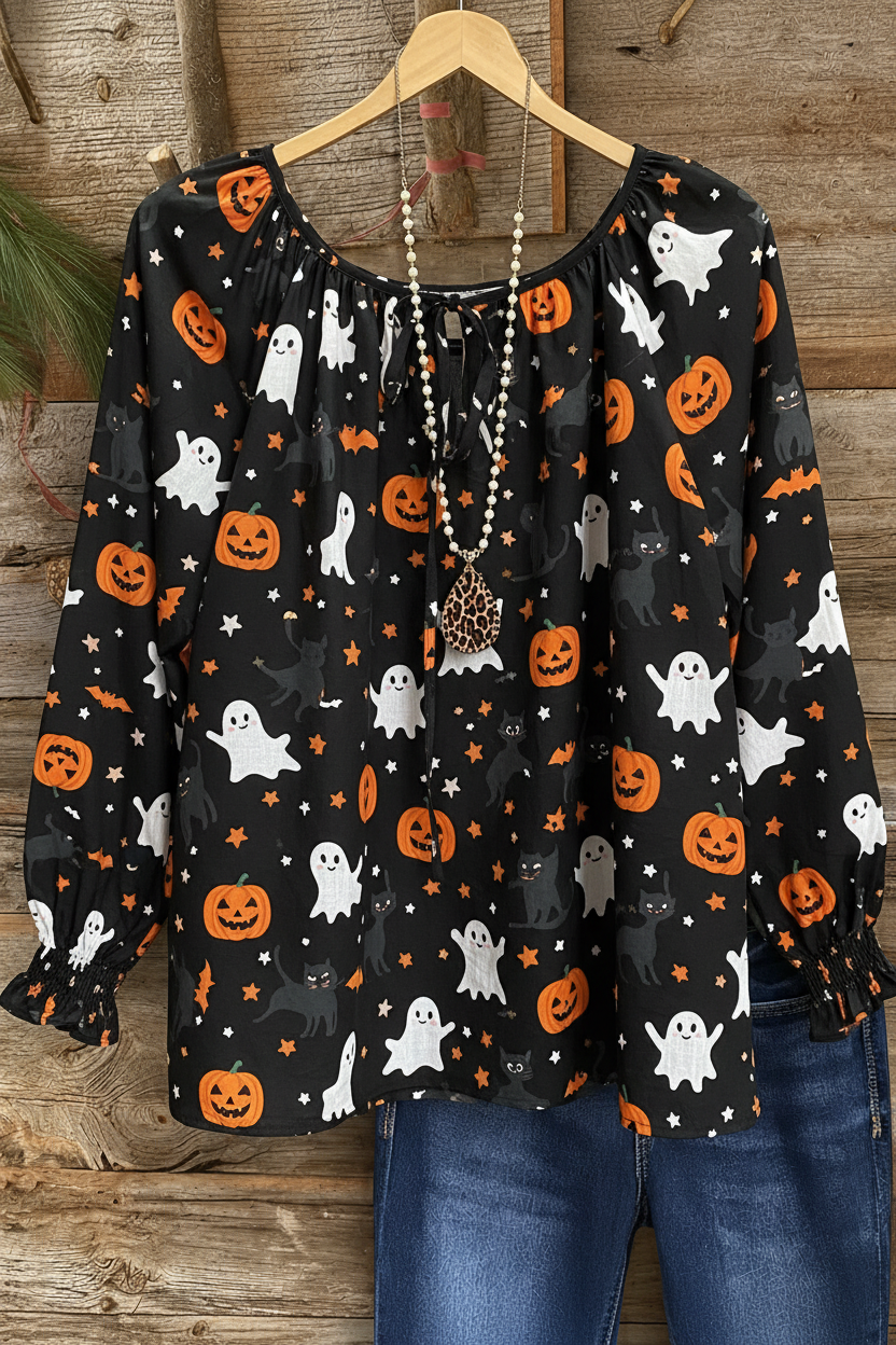 Halloween Ghost Pumpkin Print Gathered Cuff Peasant Top