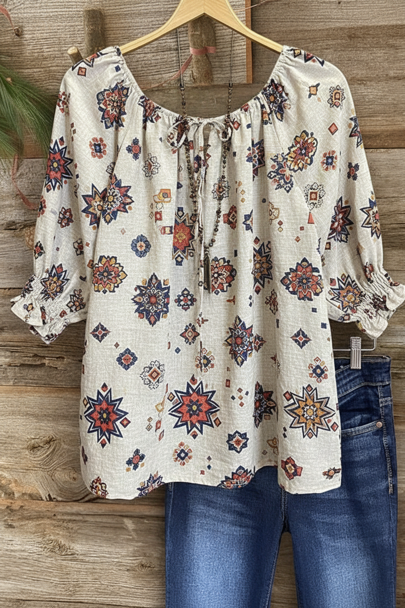Star Medallion Folk Art Print Gathered Neckline Puff Sleeve Top
