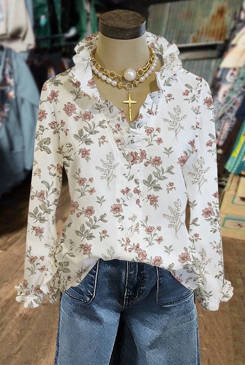 Vintage floral ruffle neck long sleeve blouse
