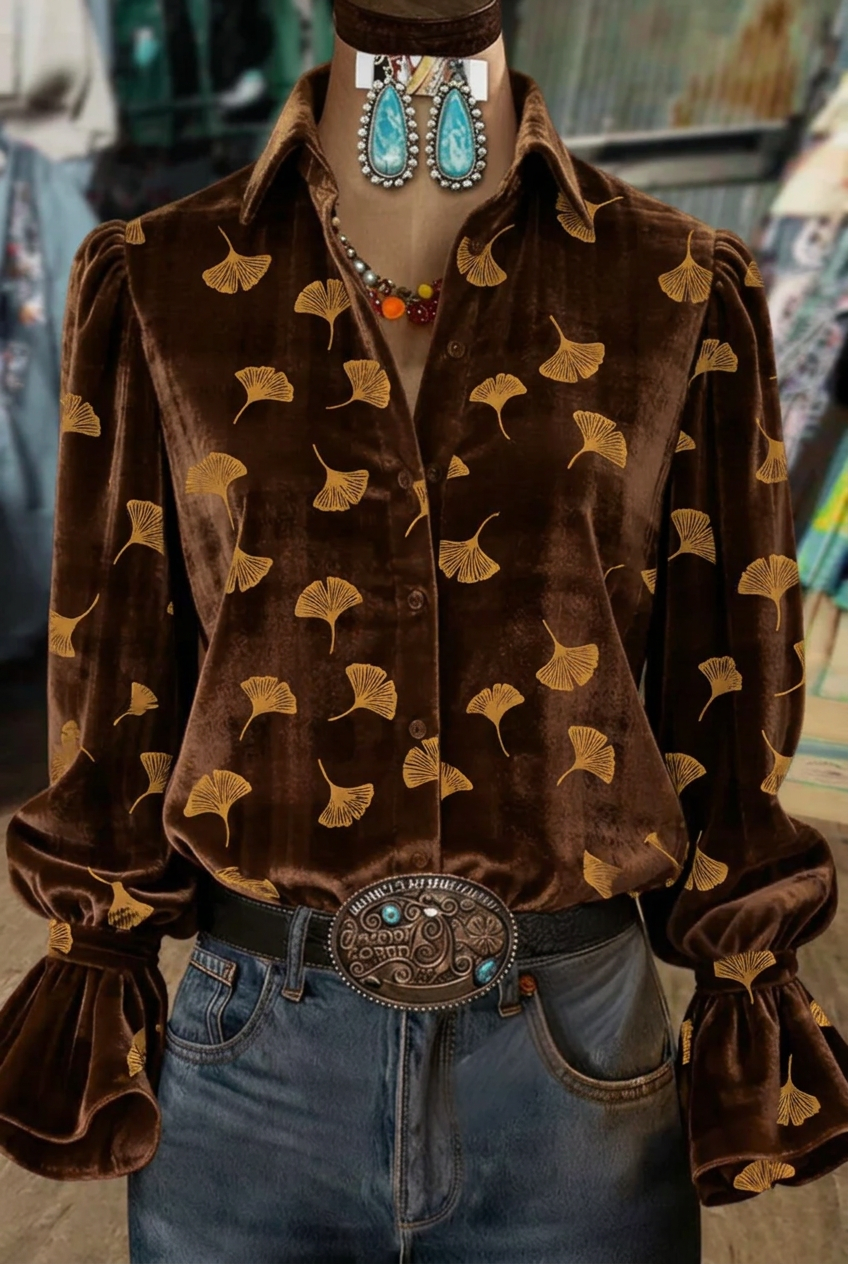 Chocolate brown golden ginkgo leaf print velvet puff sleeve blouse
