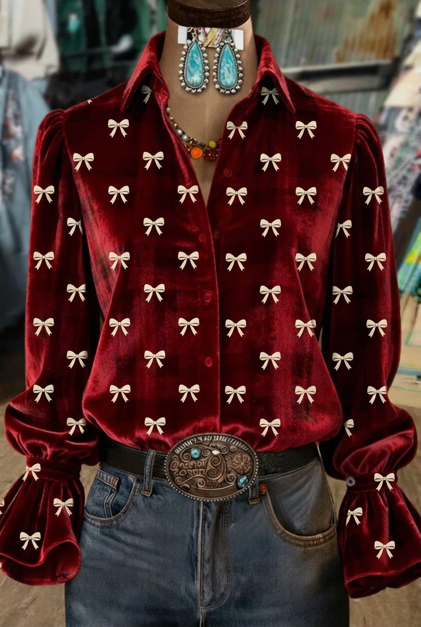 Burgundy champagne bow print velvet puff sleeve blouse with flared cuffs