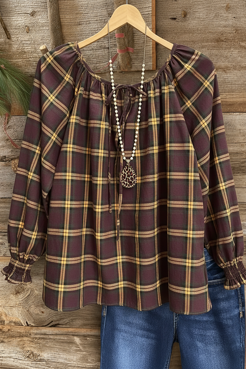 Fall Tartan Plaid Gathered Cuff Peasant Top