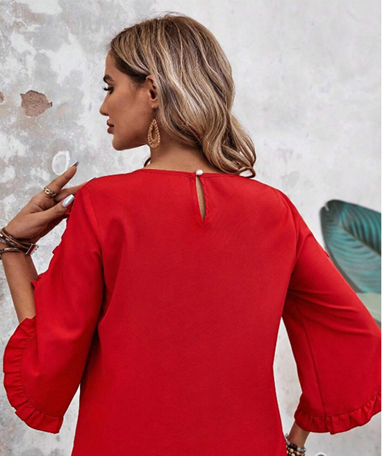 Solid Round Neck Irregular Ruffle Three Quater Sleeve Top