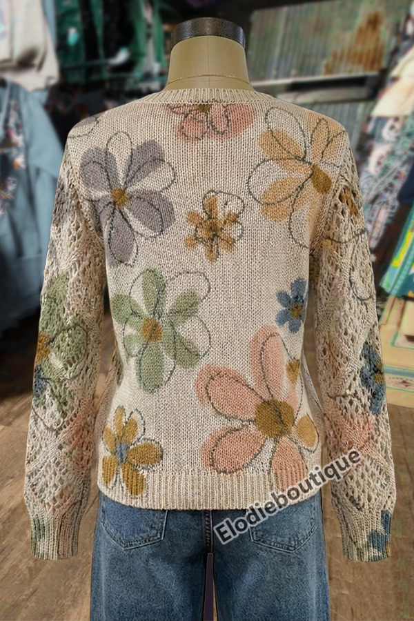 Boho Floral Print V-Neck Long Sleeve Sweater