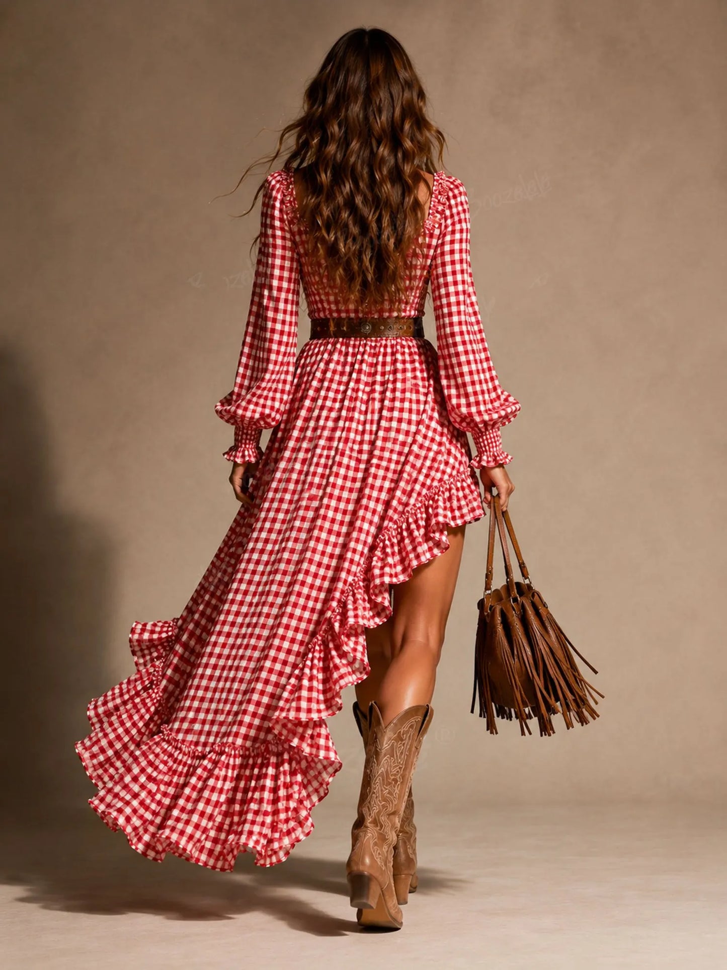 Vacation-Ready Red Gingham High-Low Ruffled Maxi Dress