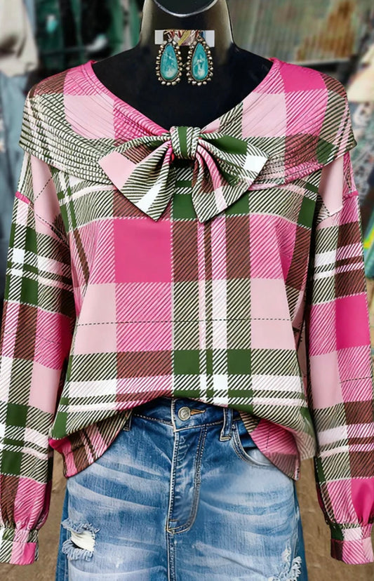 Classic Checkered Bow Detailed Long Sleeve Top