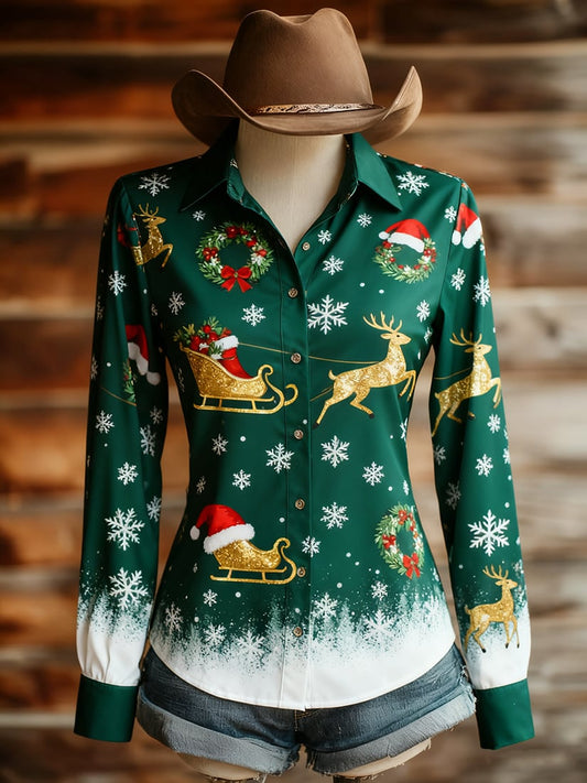 Women's Vintage Casual Christmas Western Long Sleeve Shirt