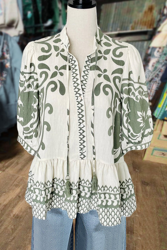 Vintage Print Tassel Neck Top