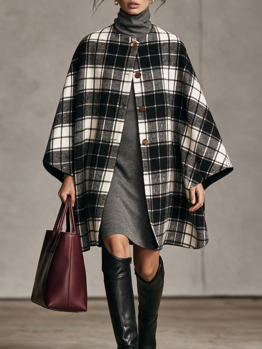 Women's Vintage Plaid Wool-Blend Collarless Cape-Style Coat
